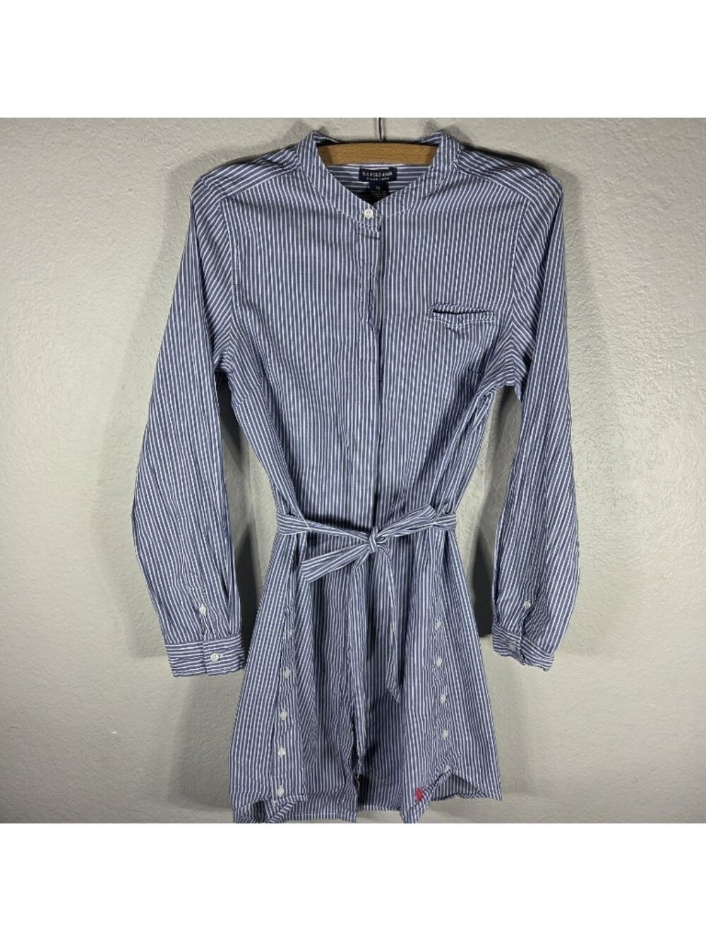 U.S. Polo Assn Striped Shirt Dress Women Size M Blue/White Belted Button Front